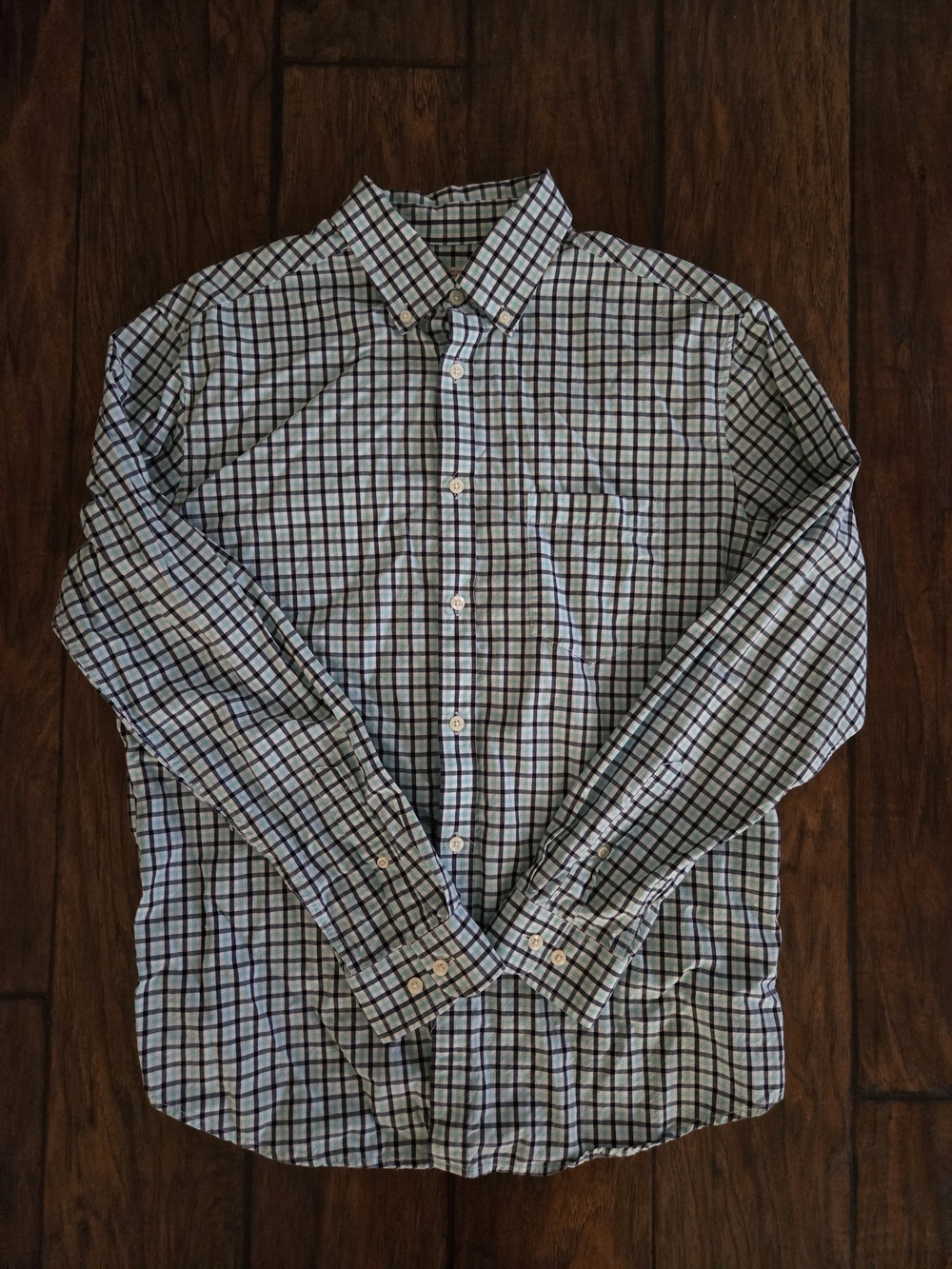 Merona Men’s Classic Fit Button Down Shirt Size Medium Plaid Teal Checked Long